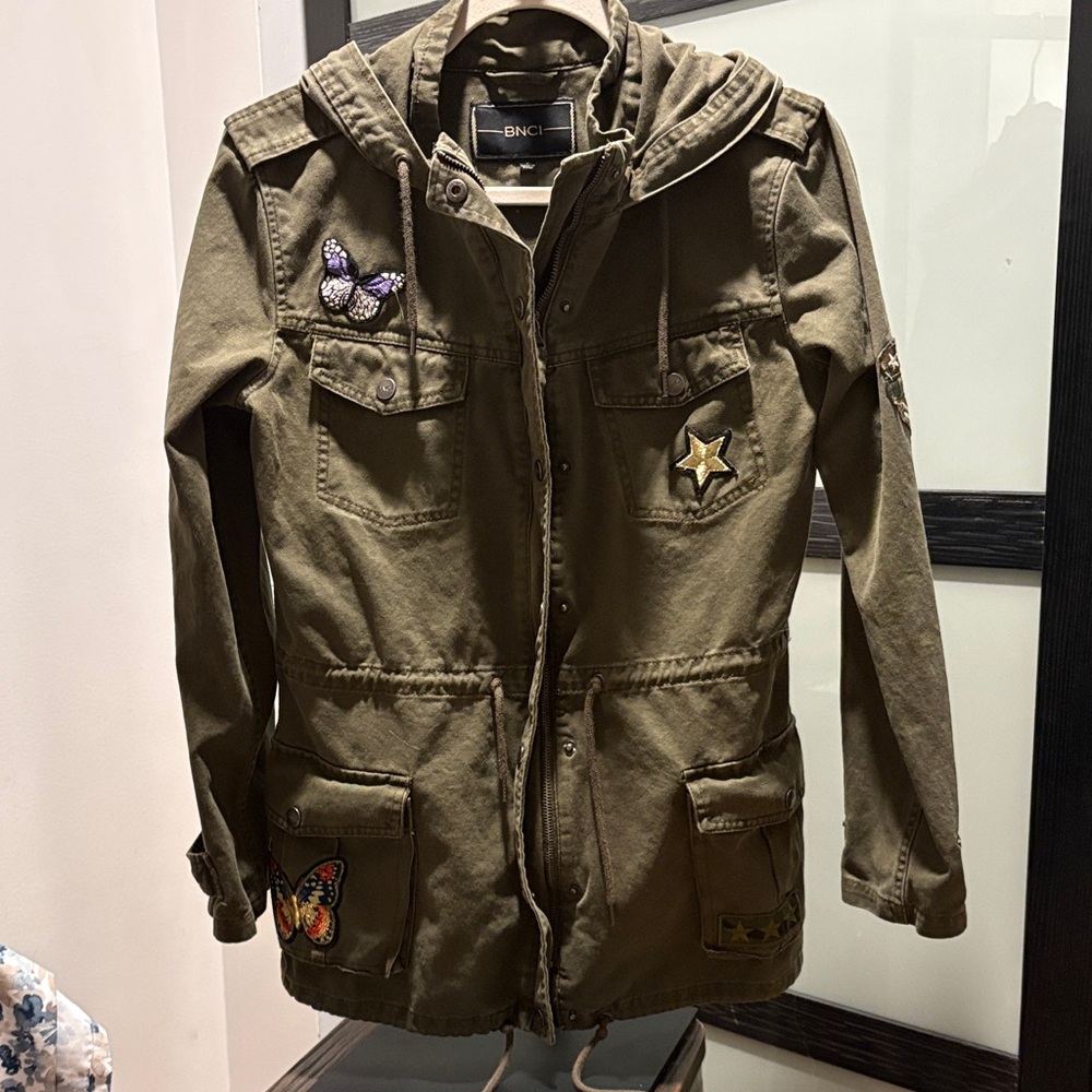 Olive Green Men's Jacket with Patches